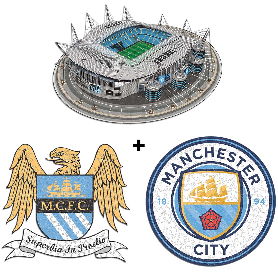 3 PACK Manchester City FC® Crest + Retro Crest + Etihad Stadium